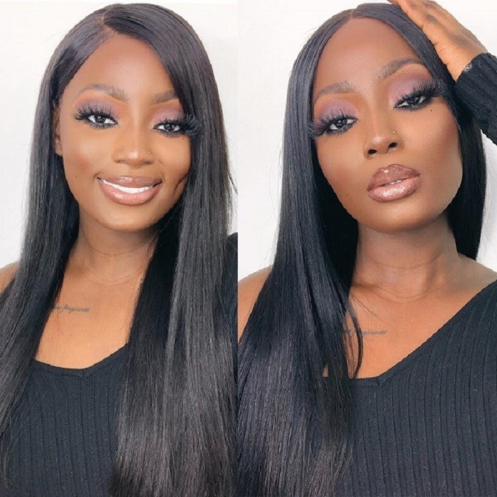 Kriyya Straight Three Part Human Hair Lace Wigs Double U Lace Part Wig 150% Density Natural Black