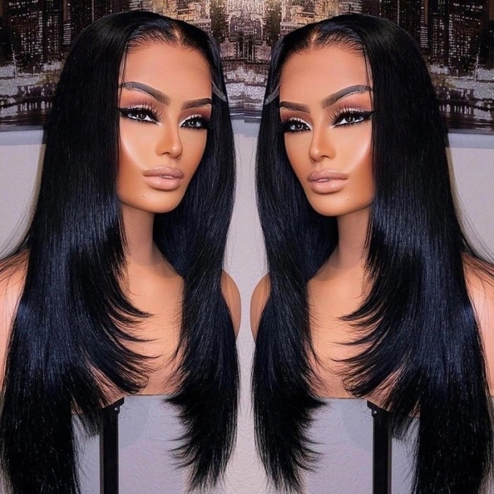 Kriyya Youtuber Recommendation 90's Inspired Layered Cut 13X4 Lace Frontal Straight Wig 150% Density Natural Black Virgin Hair