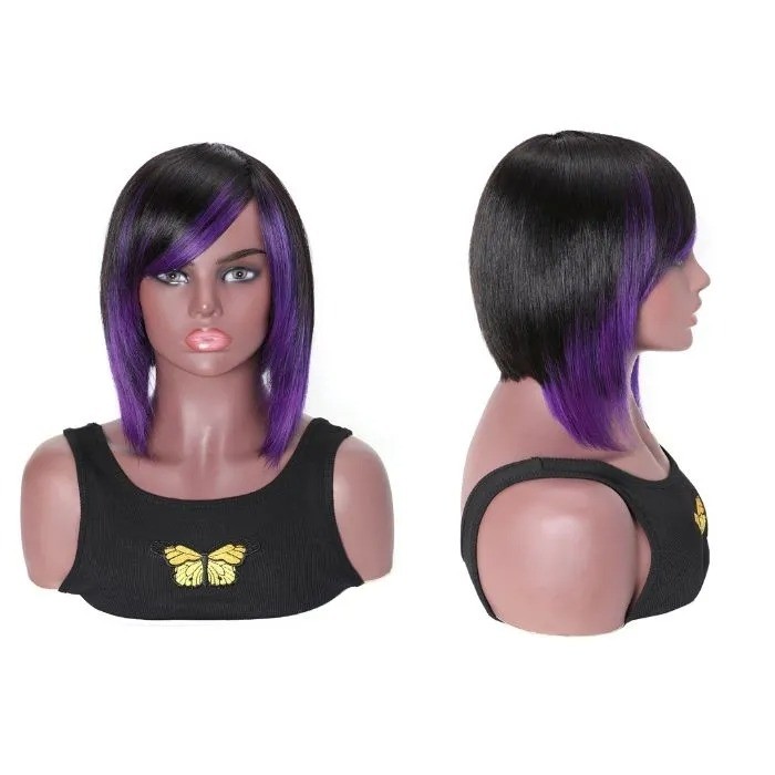 Kriyya Bob Glueless Wigs Purple Highlight Layered Bob Wigs With Bangs 150% Density