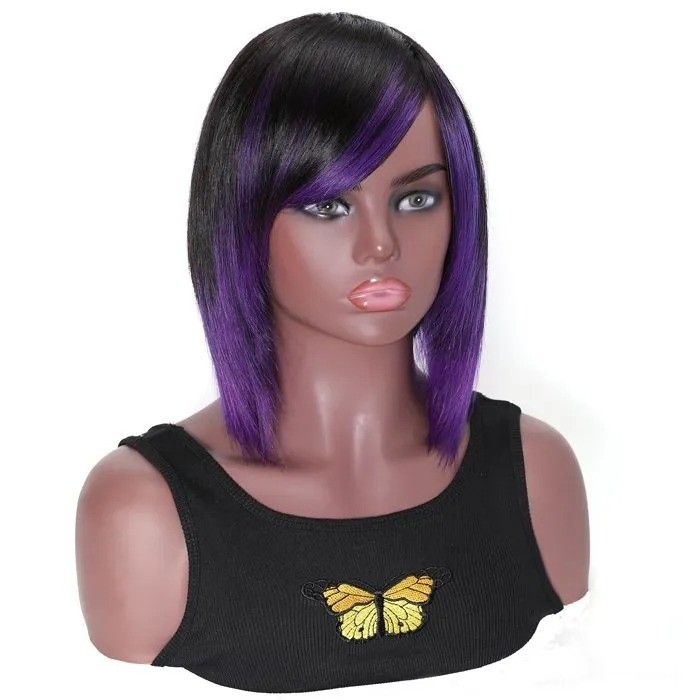 Kriyya Bob Glueless Wigs Purple Highlight Layered Bob Wigs With Bangs 150% Density