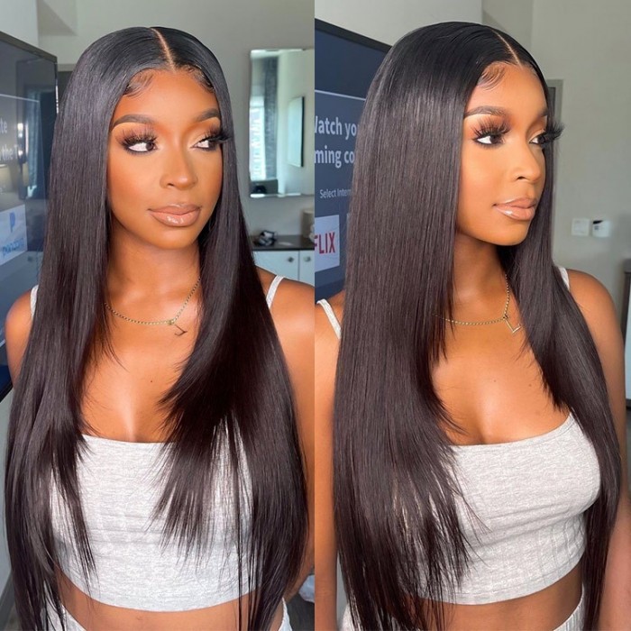 Kriyya Youtuber Recommendation 90's Inspired Layered Cut 13X4 Lace Frontal Straight Wig 150% Density Natural Black Virgin Hair