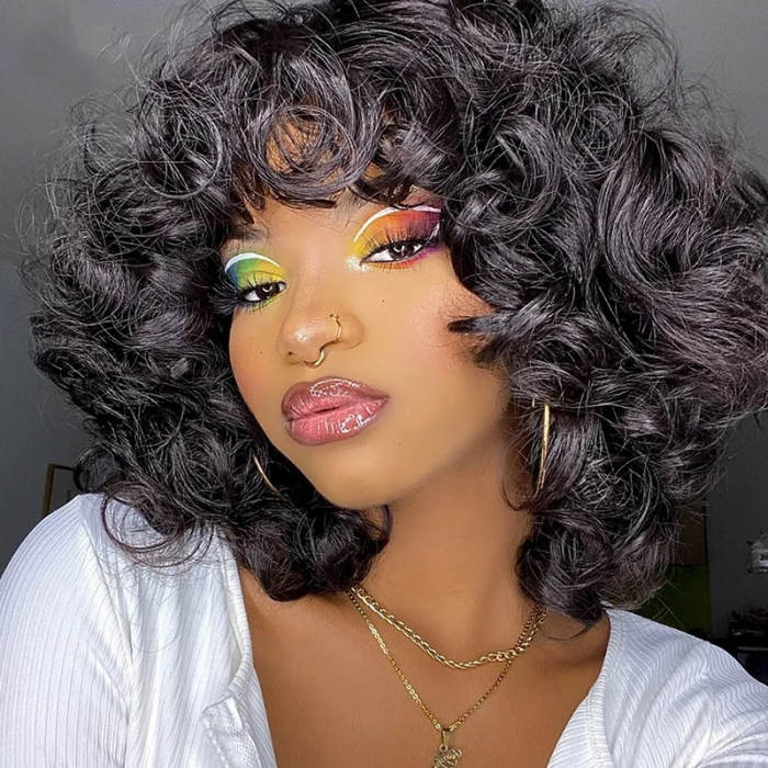 Kriyya Popular Style Bob Curly Wig With Bangs  Stylish Short Hair Thick Human Hair
