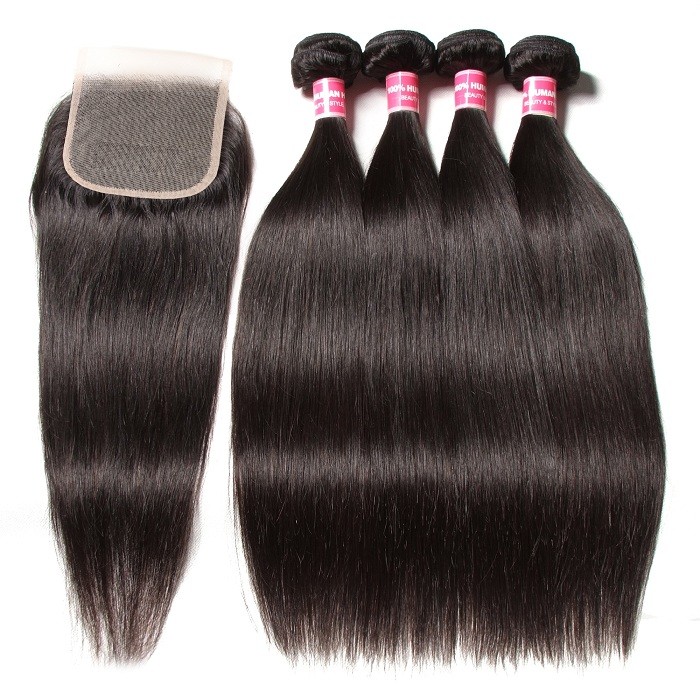 Kriyya Malaysian Straight Weave 4 Bundles Full Sew In With 5x5 Closure