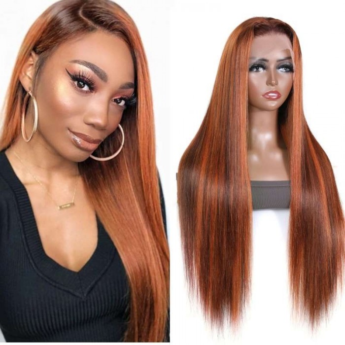 Kriyya Highlight Ginger Orange Lace Frontal Wigs Human Hair Pre Plucked with Baby Hair Silky Straight