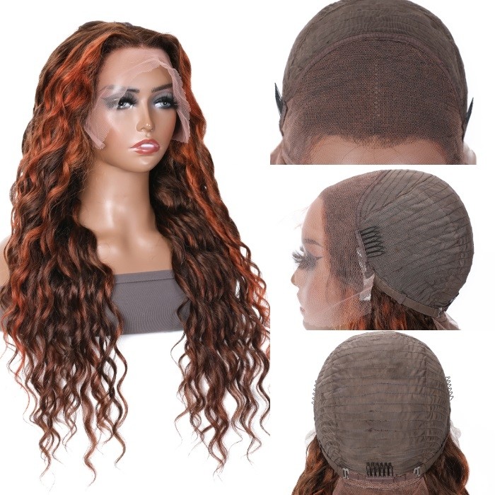 Kriyya New Fashion 13X4 Sprial Wave Copper Red Highlight On Brown Hair Colored Wig 150% Density