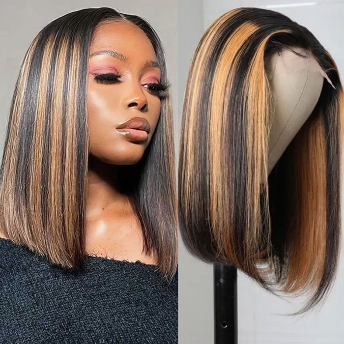 Kriyya Bronde Highlight Straight Human Hair Bob Wigs T-Part Human Hair Lace  Wigs 150% Density 
