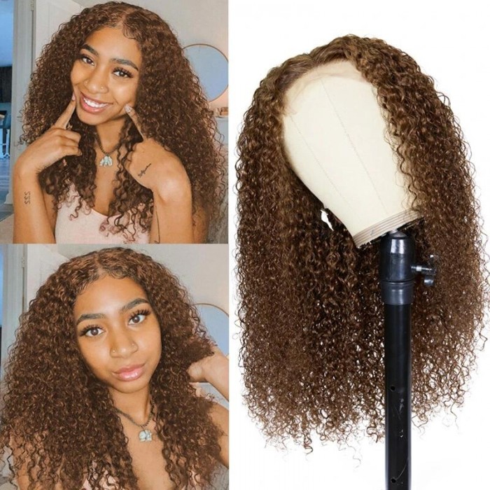 Kriyya New 4X4 Lace Part Curly Wig #4 Medium Brown Color 100% Human Hair Wig