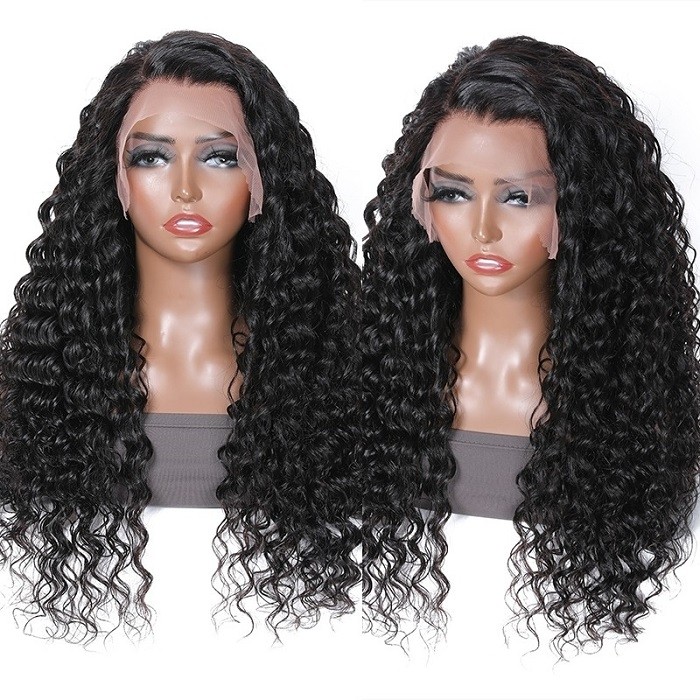 Kriyya Sassy Curl Deep Wave 13X4 Lace Front Wig Pre Plucked Virgin Human Hair Wigs With Baby Hair Natural Black Color 150% Density
