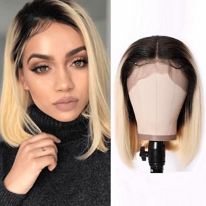Kriyya T1B613 Ombre Blonde 13X4 Lace Front Wigs Blunt Cut Human Hair Bob Wigs 130% 150% Density
