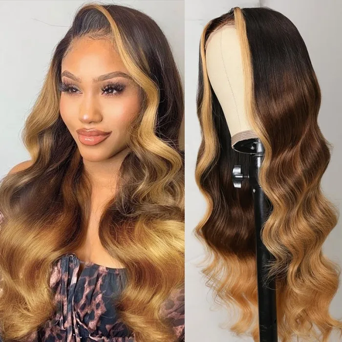 Kriyya Ombre Brown Color T Part Lace Wig with Face Framing Highlight Loose Wave Human Hair 150% Density