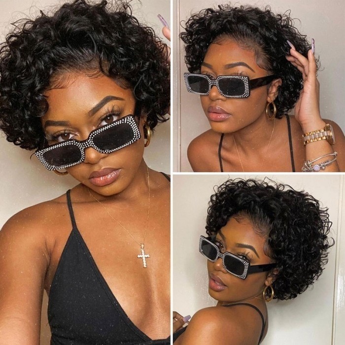 Flash Sale Short Curly Pixie Cut Wig 100% Human Hair Lace Wig 13 By 1 Inch Handtied Hairline