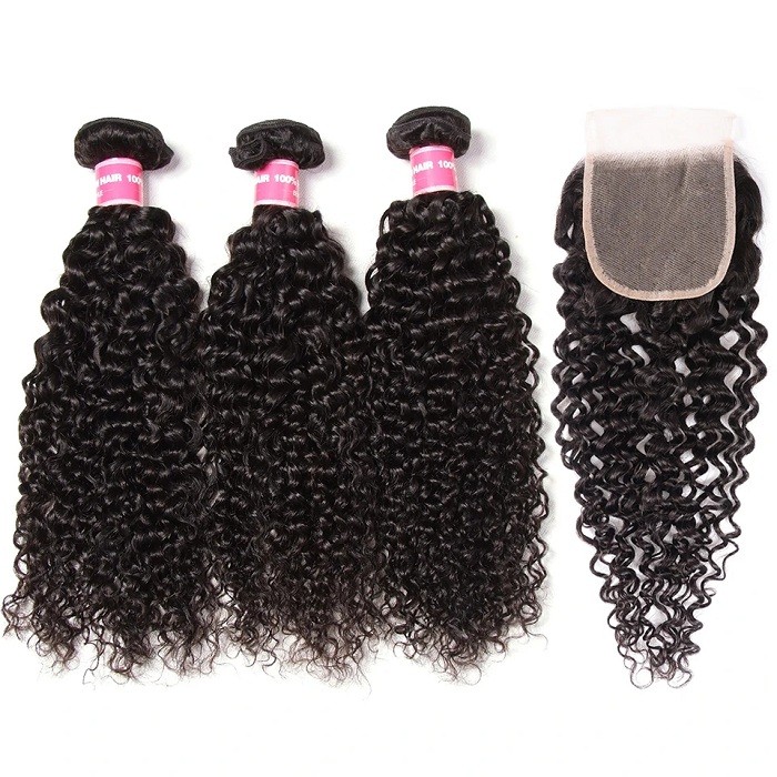 Kriyya Brazilian Jerry Curly Virgin Remy Hair 3 Bundles With 4*4 Transparent Lace Closure