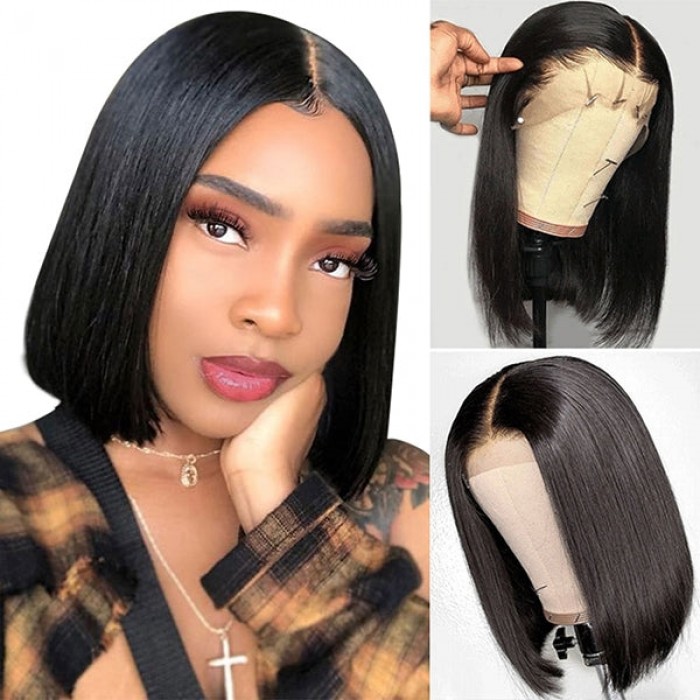 Kriyya Katy Perry Inspired Soft Blunt Bob Straight Wig Make Hair Look Thicker 13x5 Middle T-Part Lace