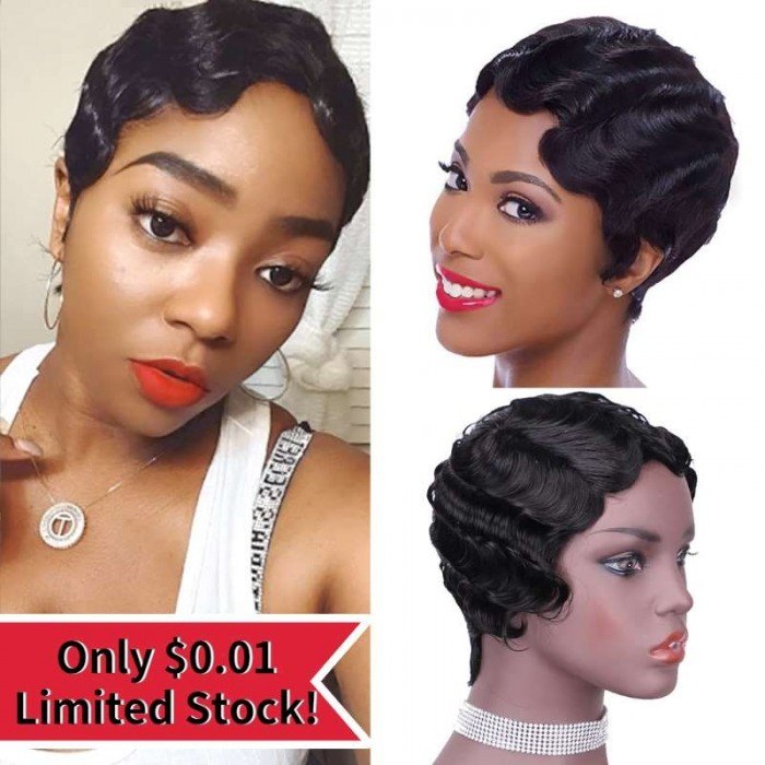 Flash Sale Finger Waves Short Pixie Cut Wig Ocean Wave Human Hair Machine Made Wigs
