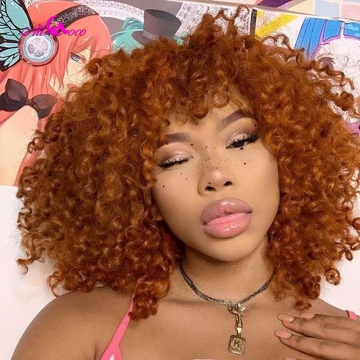 Kriyya Orange Ginger Colored Bouncy Curly Wig Machine Made Human Hair Wig 150% Density