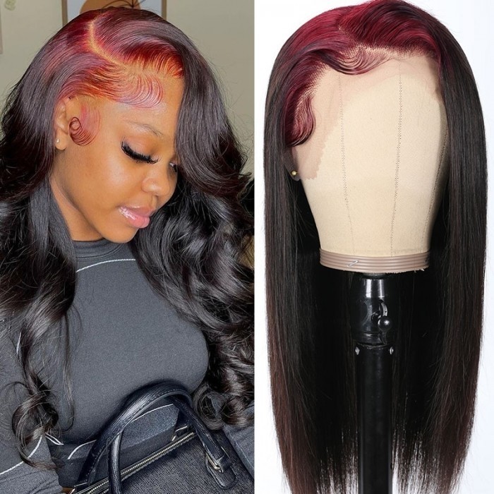 Kriyya Lace Front Straight Wig With Dark Red Root 13X4 #NT99J Ombre Color  Human Hair Wig 150% Density 
