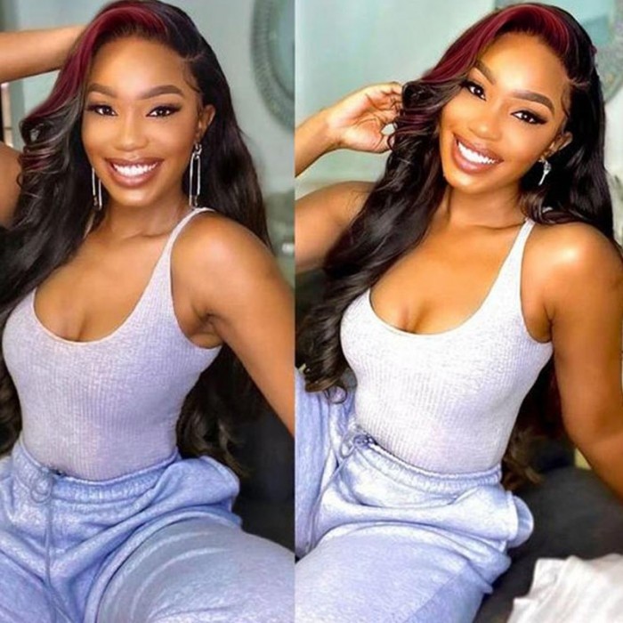 Kriyya Billie Eilish Style Deep Part 99J Burgundy Roots On Black Hair Skunk Straight 13x4 Lace Front Human Hair Wig