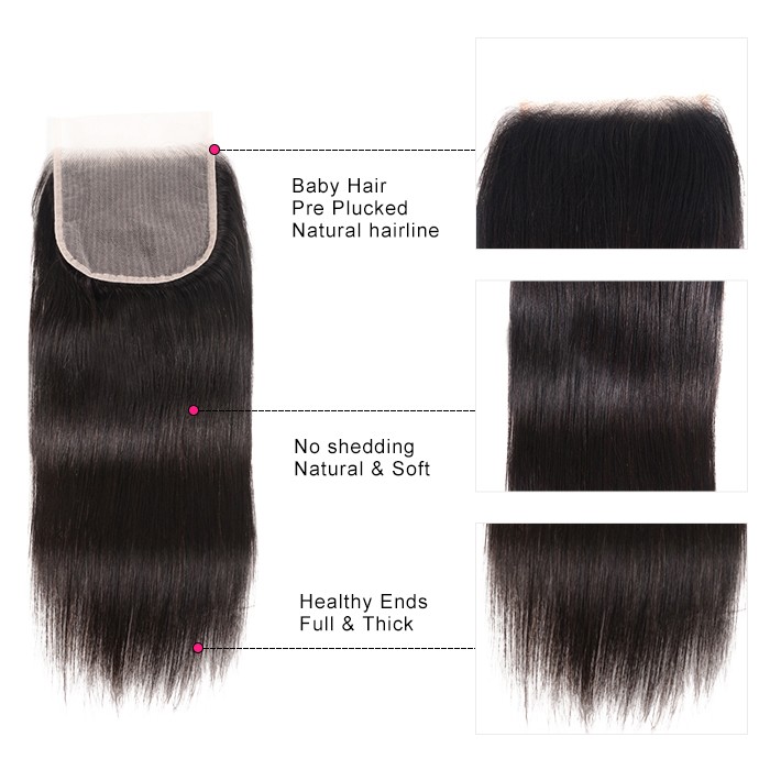 Kriyya Peruvian Straight Hair Weave 4 Bundles With 5x5 Lace Closure