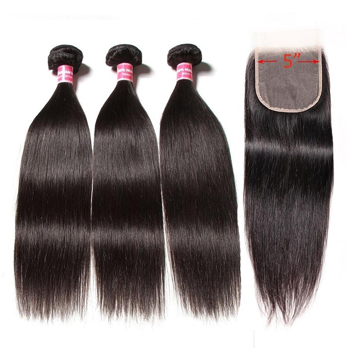 Kriyya Indian Virgin Hair Straight 3 Bundles With Transparent Lace Closure 5*5 Inch