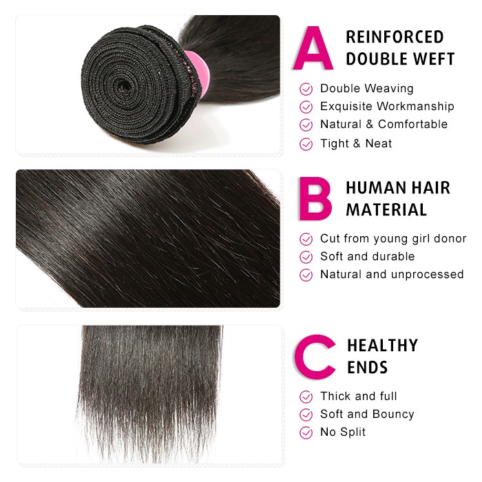 Kriyya Brazilian Virgin Human Hair 3 Pcs Straight With 5*5 Lace Closure