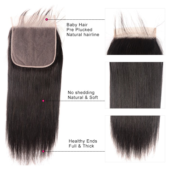 Kriyya Braziian Straight 4 Bundles Full Sew In With Lace Closure