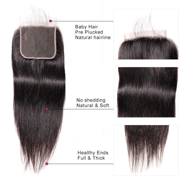 Kriyya Malaysian Human Hair Straight 3 Bundles With Lace Closure 5*5 Inch