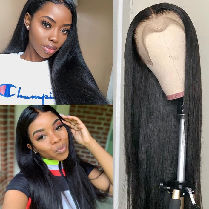 Kriyya 100% Hand tied Straight Lace Front Wig 150% Density Pre Plucked Hairline