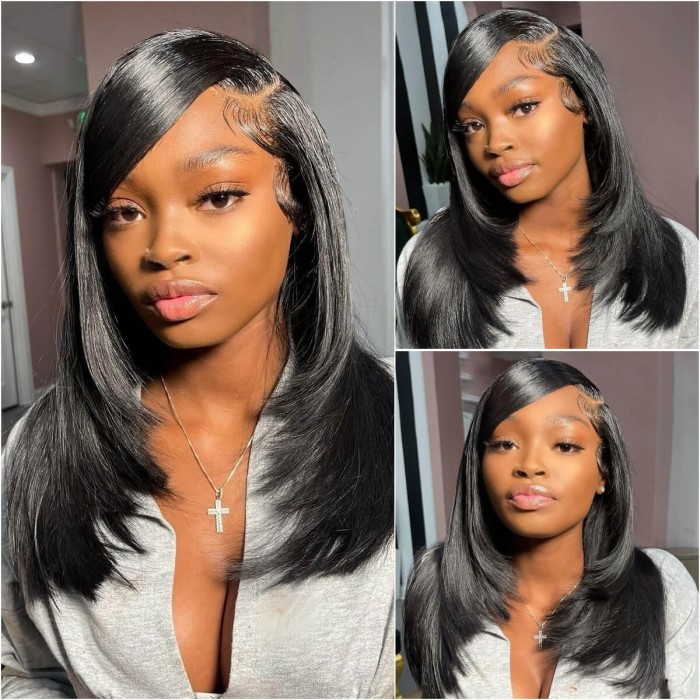 Kriyya Youtuber Recommendation 90's Inspired Layered Cut 13X4 Lace Frontal Straight Wig 150% Density Natural Black Virgin Hair