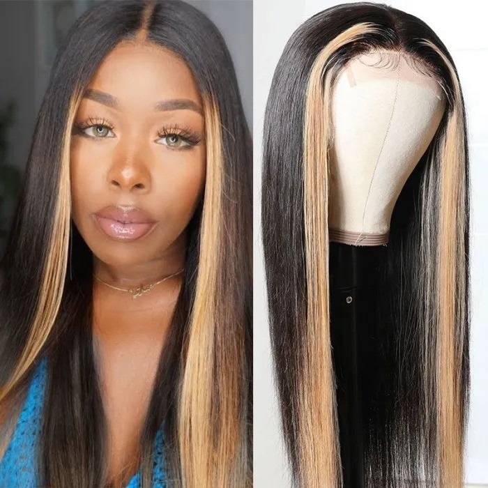 Kriyya Highlight 27# Lace Part Wig Straight Three Part Human Hair Lace Wig with Blonde Streak 150% Density