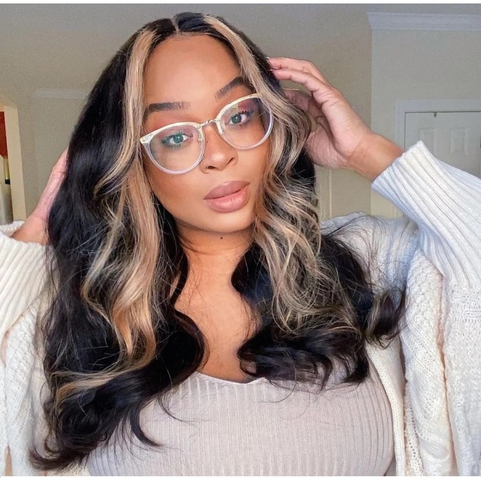 Kriyya Highlight 27# Lace Part Wig Straight Three Part Human Hair Lace Wig with Blonde Streak 150% Density