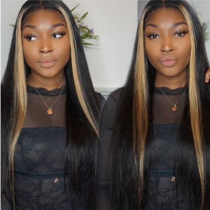 Kriyya Highlight 27# Lace Part Wig Straight Three Part Human Hair Lace Wig with Blonde Streak 150% Density