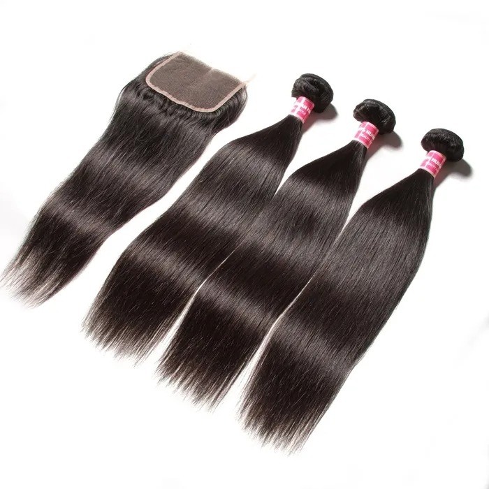 Kriyya High Quality Straight Indian 4X4 Lace Closure With 3 Bundles Virgin Hair