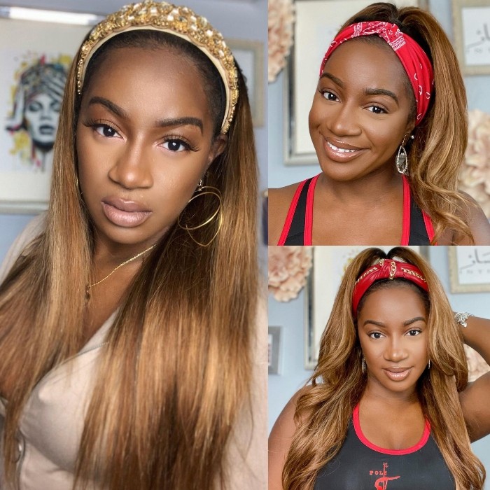 BOGO Sale - Kriyya Ombre Headband Wigs Straight Human Hair Wig Dark Rooted Honey Blonde Wigs