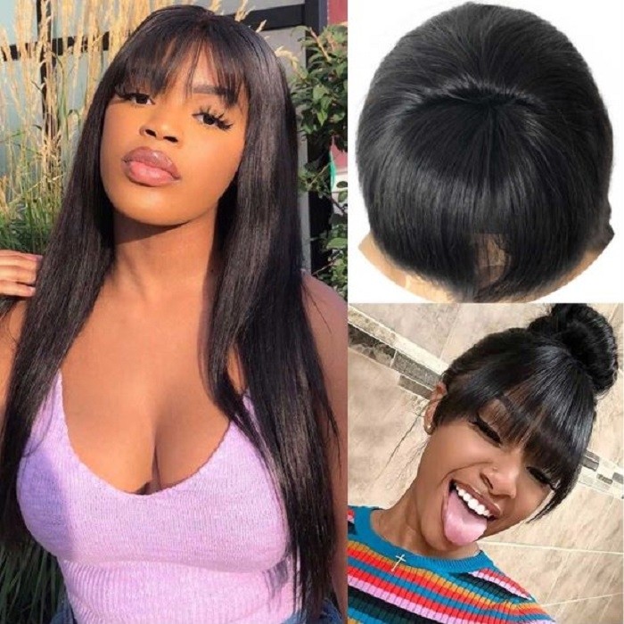 Kriyya 13x4 Transparent Lace Straight Human Hair Wigs With Bangs 130% 150% Density