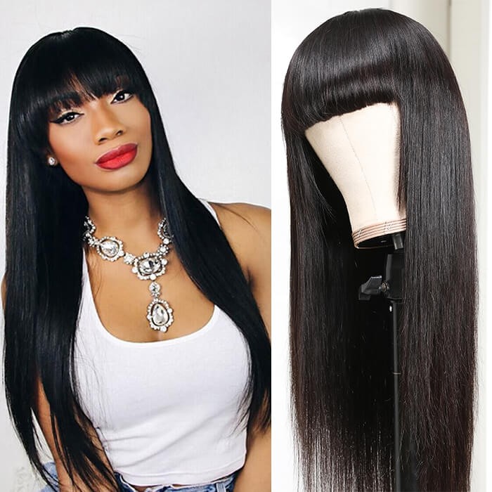 Kriyya Neat Bangs Natural Black Straight Human Hair Wigs With Bangs 150%  Density Remy Hair Wigs 