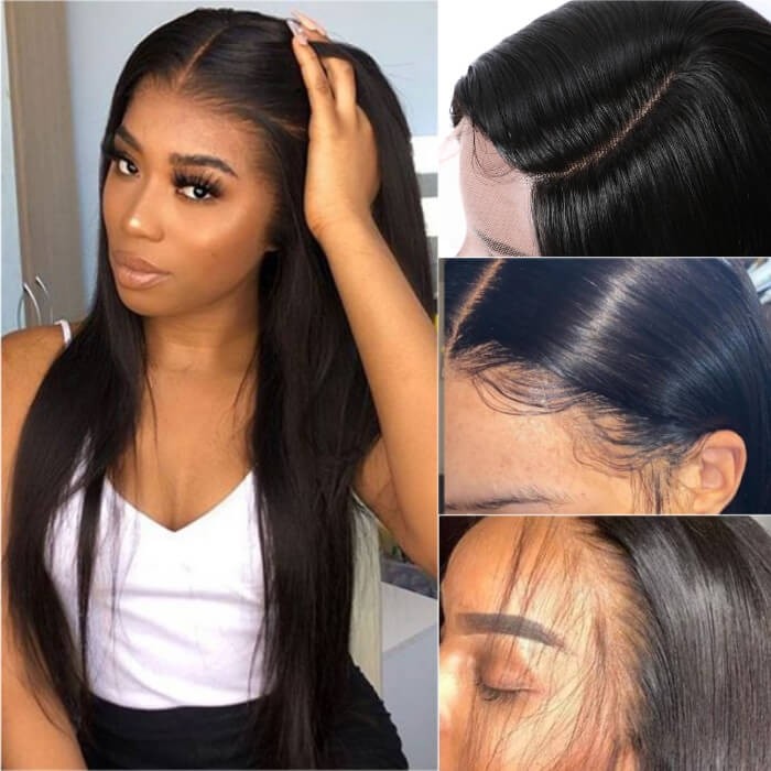 Kriyya Straight Three Part Human Hair Lace Wigs Double U Lace Part Wig 150% Density Natural Black