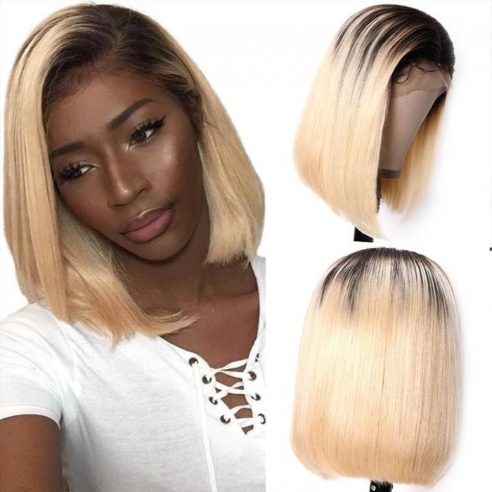 Kriyya T1B613 Ombre Blonde 13X4 Lace Front Wigs Blunt Cut Human Hair Bob Wigs 130% 150% Density
