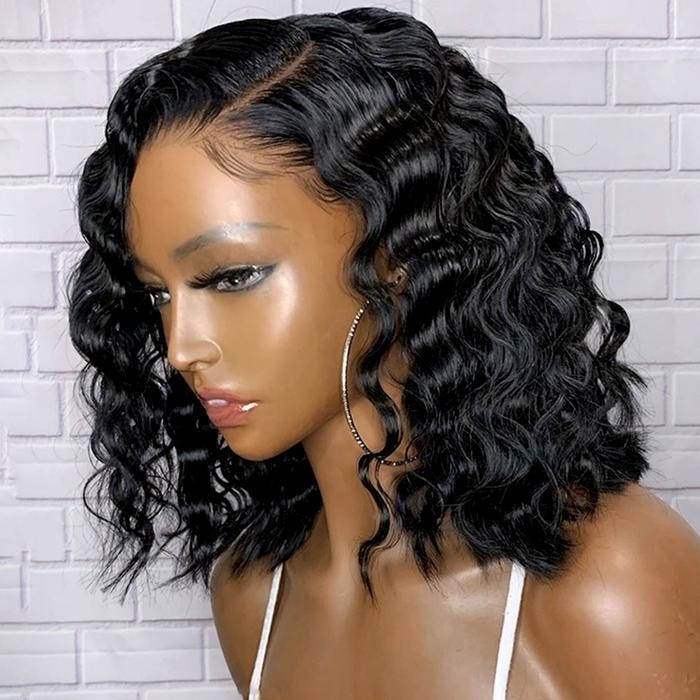Kriyya Airy Deep Wave 13X5 T Part Lace Short Bob Wig 150% Density
