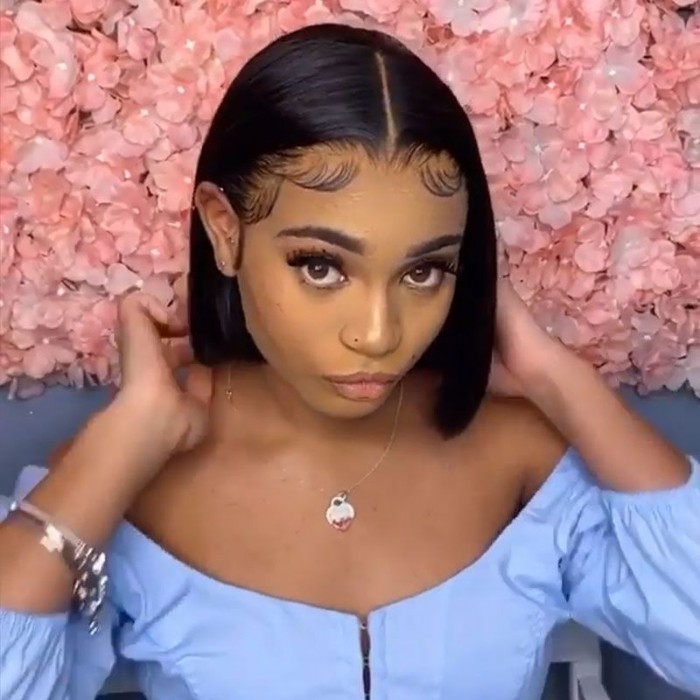 Kriyya T Part Straight Human Hair Bob Wigs Middle Lace Part Short Wig With Baby Hair