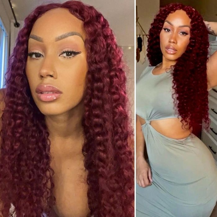 Flash Sale Hand-tied Lace Wigs Burgundy Human Hair Curly Lace Part Wig 150% Density