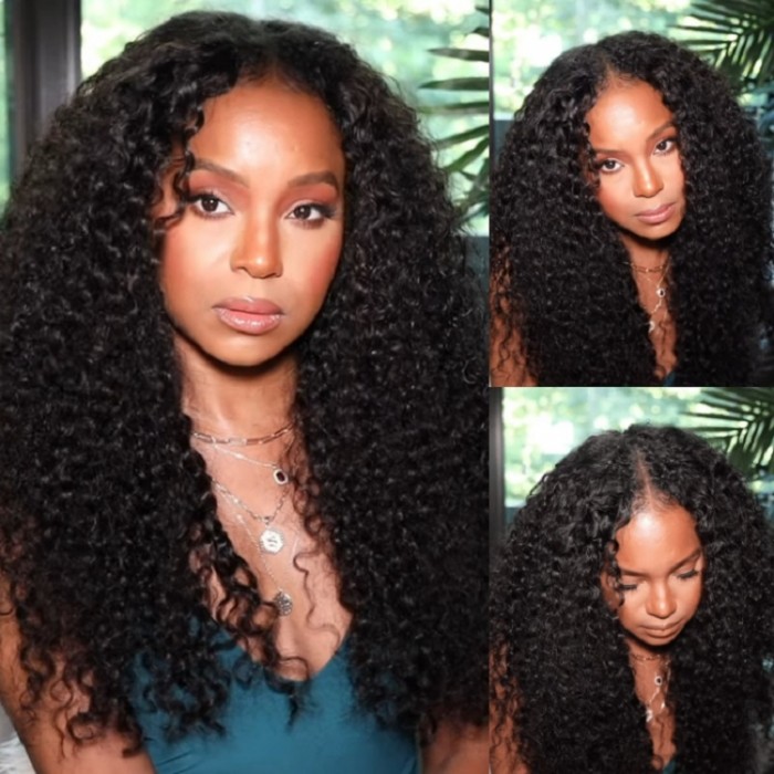 Glueless- V Part Curly No Leave Out No Gel Human Hair Wig 