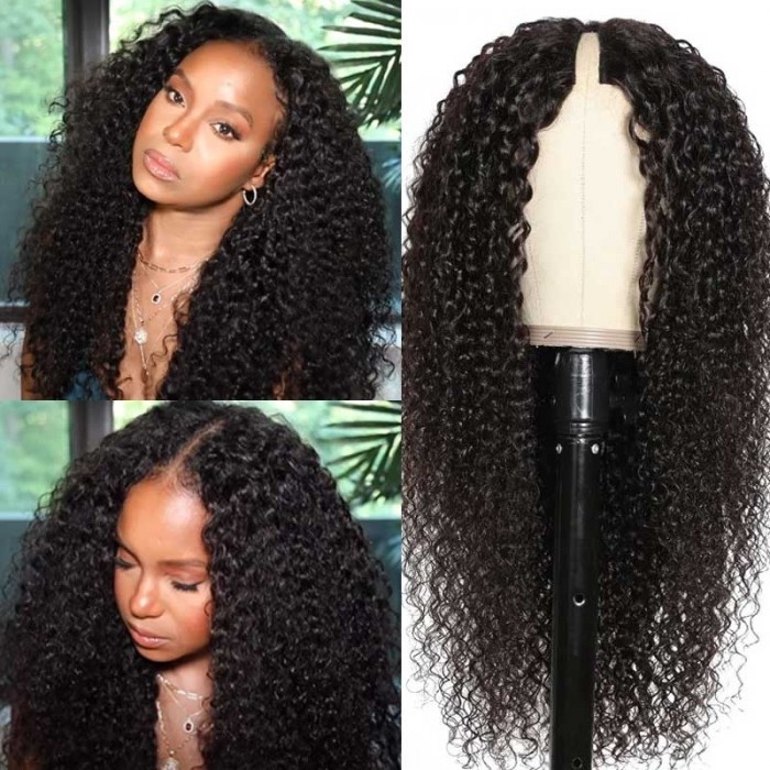 Glueless- V Part Curly No Leave Out No Gel Human Hair Wig 