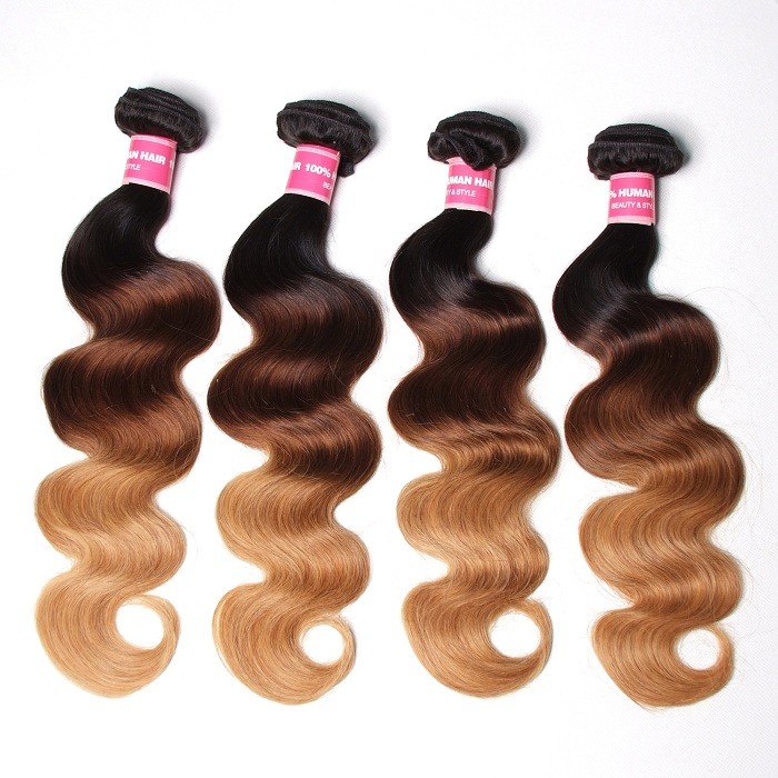 Kriyya 4 Pcs Brazilian Body Wave Human Hair Weave Three Tone Ombre Virgin Hair