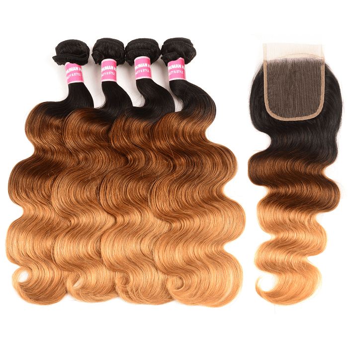 Kriyya Brazilian Hair Three Tone Ombre 4 Pcs Body Wave 100 Real Human Hair Weave With 4x4 Lace Closure