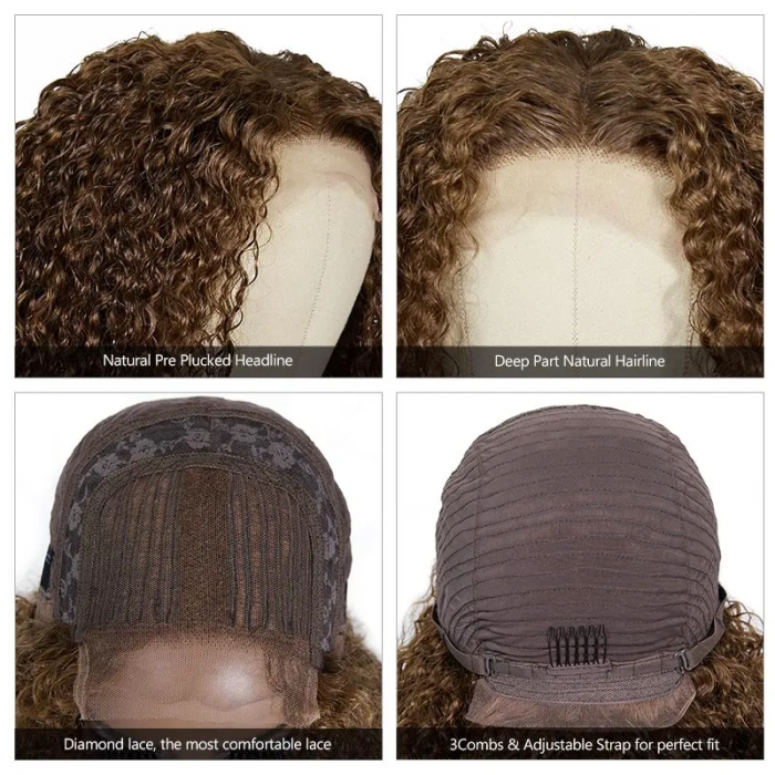 Kriyya New 4X4 Lace Part Curly Wig #4 Medium Brown Color 100% Human Hair Wig