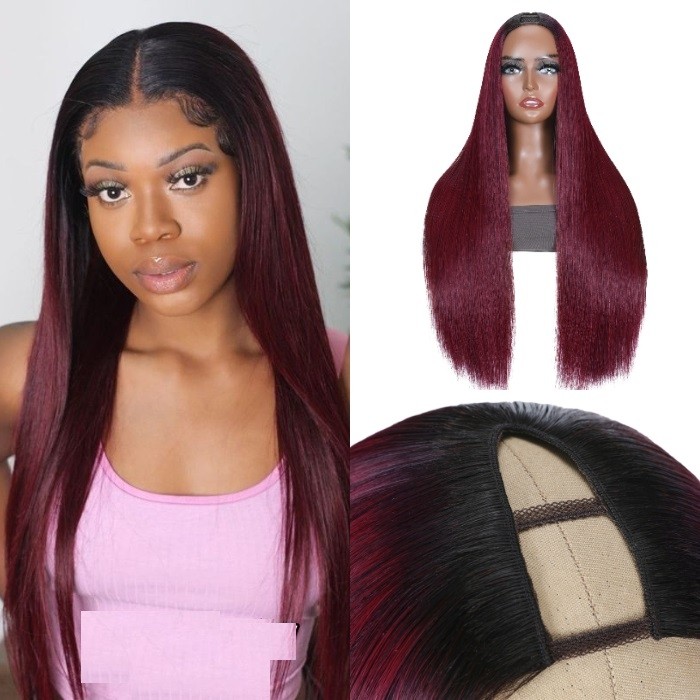 Kriyya Straight Human Hair Wig 1B99J Ombre Burgundy Upgrade U Part Wig Thinner U Part Wig