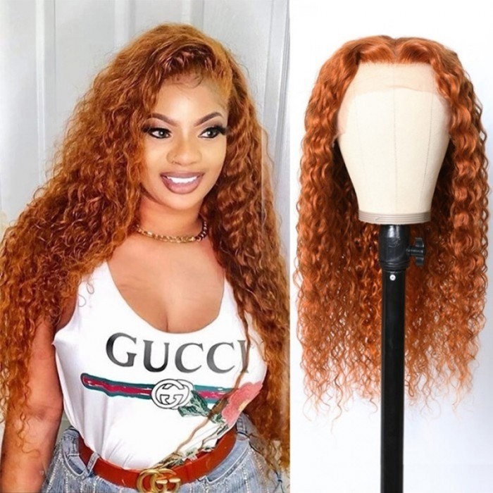 Kriyya Burnt Orange Hair Wet and Wavy Water Wave Human Hair Colored Wig 13x5 T-Part Middle Part Lace Front Wig