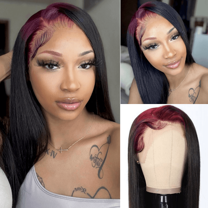 Kriyya Lace Front Straight Wig With Dark Red Root 13X4 #NT99J Ombre Color Human  Hair Wig 150% Density 