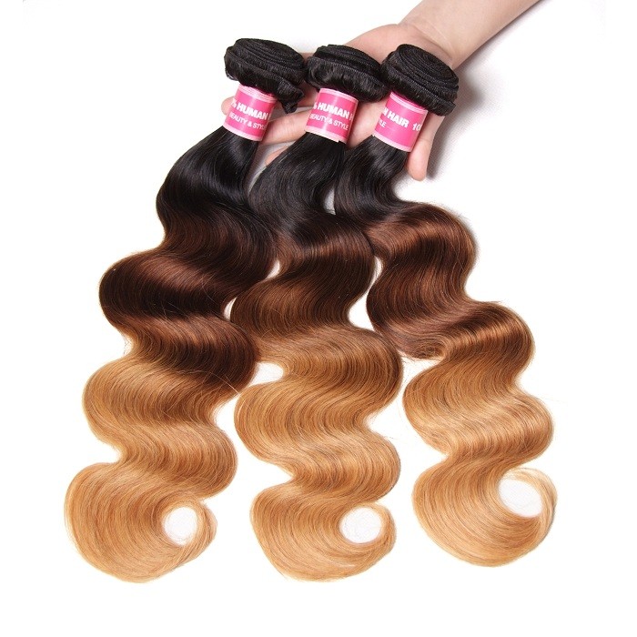 Kriyya Indian Human Hair Three Tone Ombre Body Wave 3 Bundles With Lace Closure 4x4 Inch