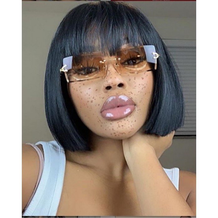 Kriyya Straight Short Bob Lace Front Wig With Bangs 150% Density 13x4 Pre Plucked Human Hair Wig